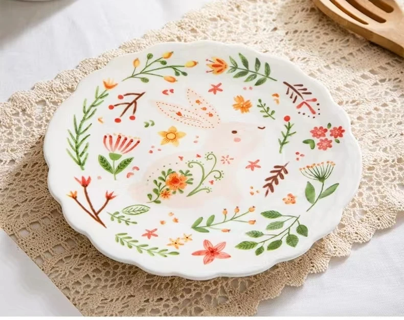 Printed flower rabbit pattern ceramic dished plates pastoral style breakfast dessert plate Easter Christmas gift