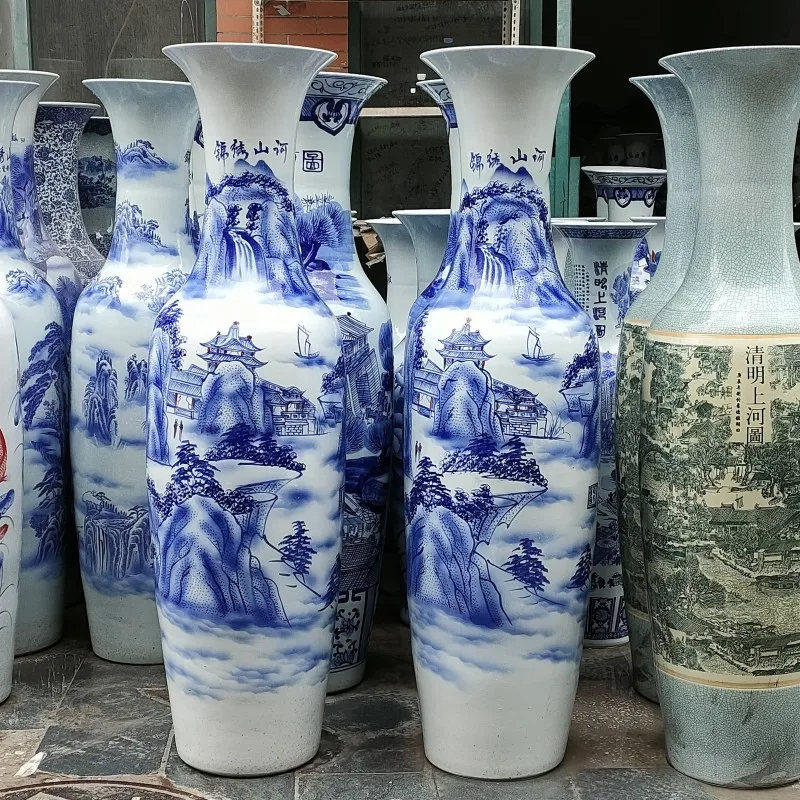 Hand Drawn Ceramic Large Vase Blue and White Porcelain Floor customized Pattern