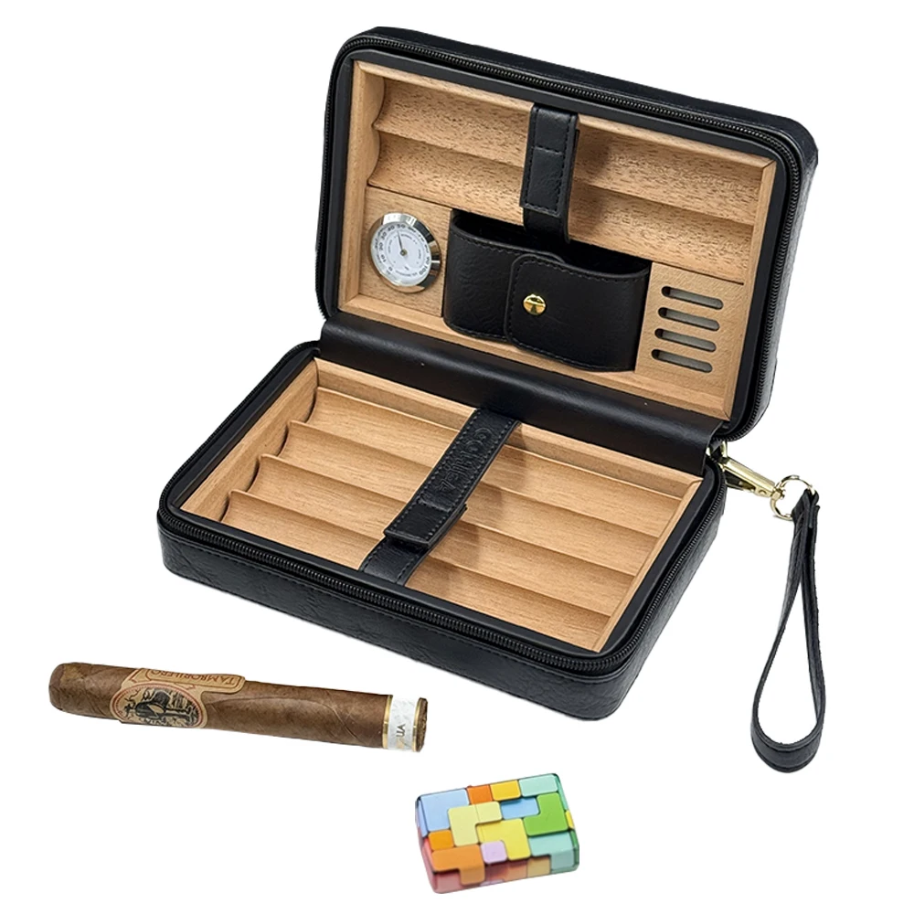 OEM Cedar Wood Lined Leather Cigar Case Luxury Cigar Box Portable Travel Cigar Humidor for Men Gift