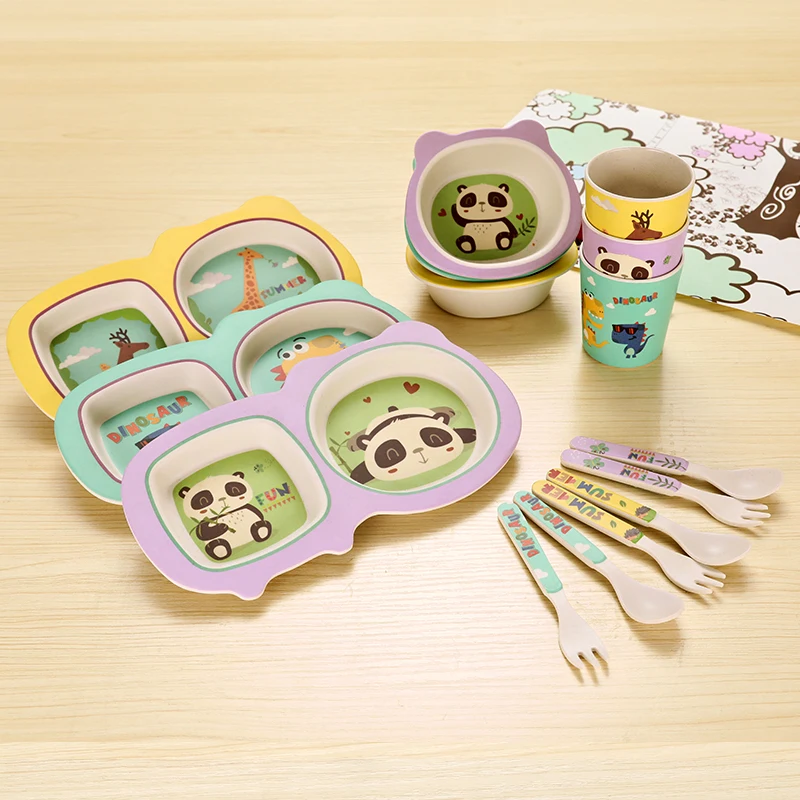 AOHEA New Material luxury tableware compartments for Kid 4PC Green Dinosaur Dinnerware Utensil Toddler Plates Baby Dishes tweens