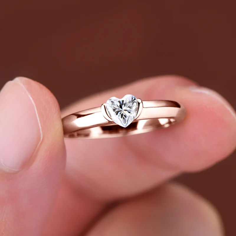 Heart Mosan Diamond Ring for Women Light Luxury 925 Sterling Silver Plated 18k Rose Gold love