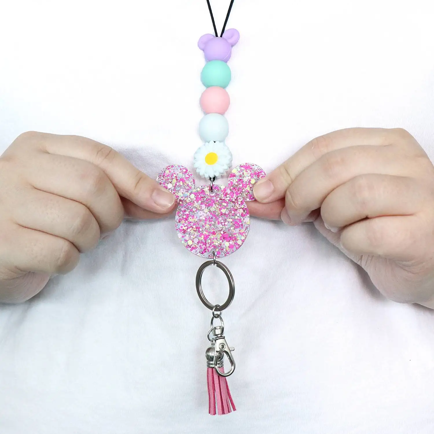 YYXKH1373 Cute Pink Laser Cutting Acrylic Lanyard with Silicone Mouse Bead Stainless Steel UV Printed Certificate for Key Use