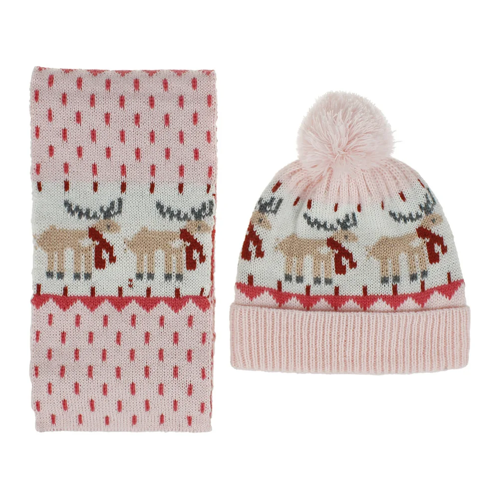 Children Boys and Girls Winter Warm Hat and Scarf Suit Kids Carton Jacquard Pom Pom Beanie and Scarf Set