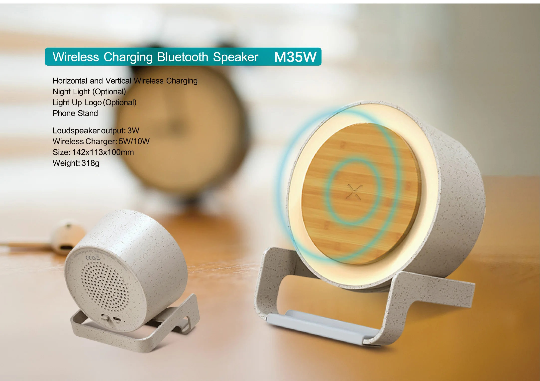 Eco-Friendly Bamboo Portable Mini Phone Stand Bluetooth Lamp Speaker With Wireless Charger