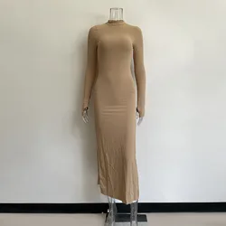 8259  Long Sleeve Evening Dress 2021 New Autumn Ribbed Split Vestidos Ladies Patty Bodycon Slim Outfits Casual Gray Clothing