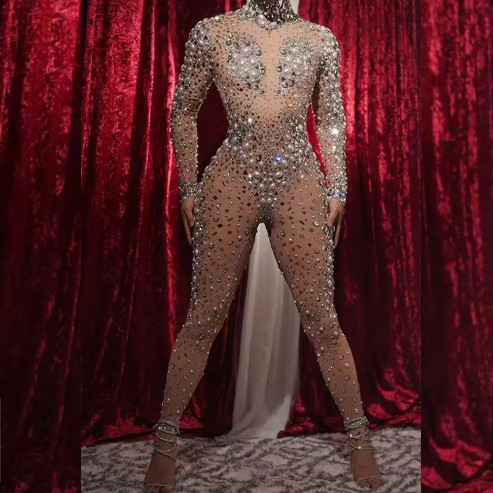 See Through Party Bodysuit  Pearl Rhinestone Dance Leotard Stage Performance Costume Women Bodycon Club One Piece Jumpsuit