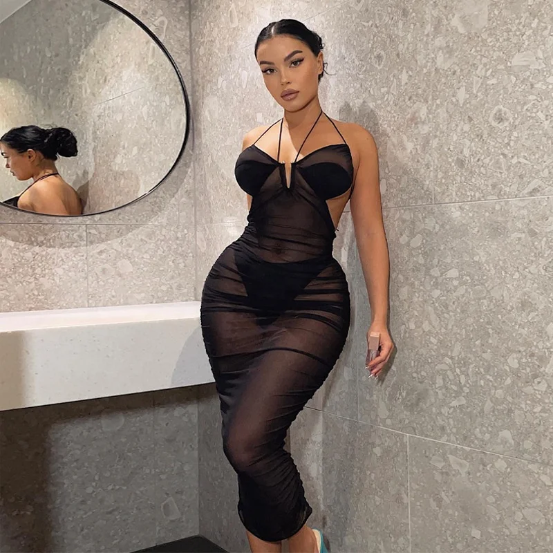 women mesh translucent backless sexy dresses women evening club party dresses for ladies