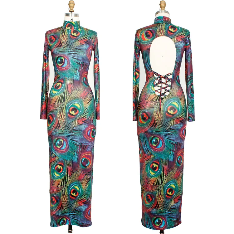 
Womens clothing 2021 summer dress Knit skirt printed open back lace-up hip dress ylX2715 