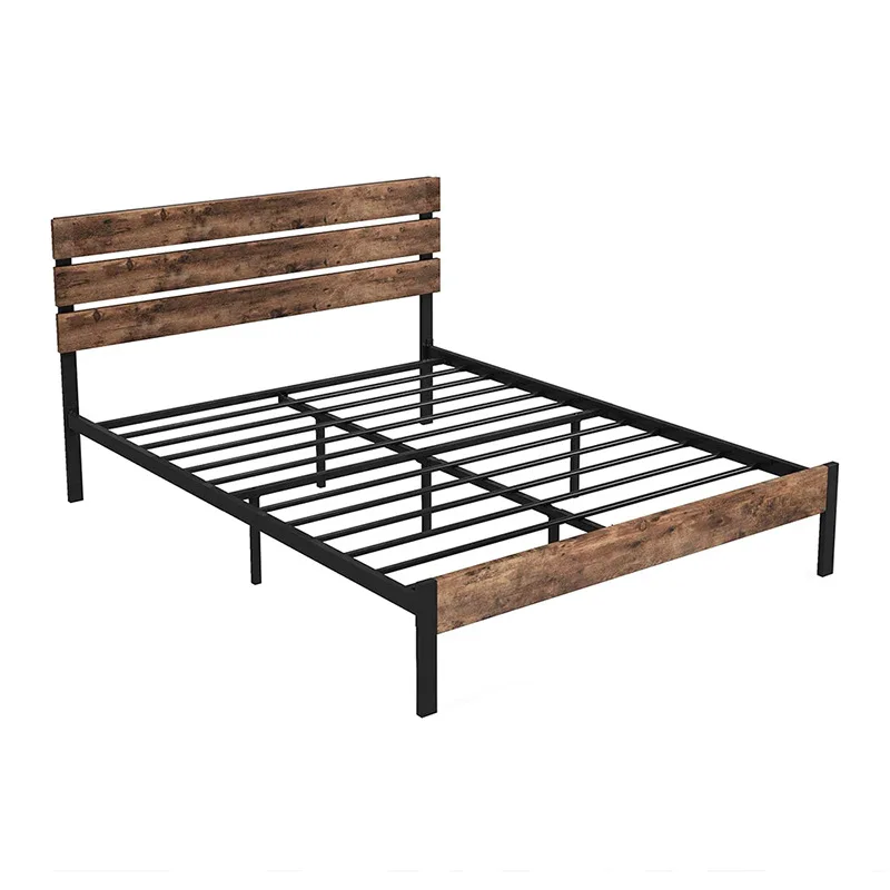 Kainice Rustic Style Queen Size Platform Metal Bed Frame With Wooden Headboard And Footboard Strong Slat Support