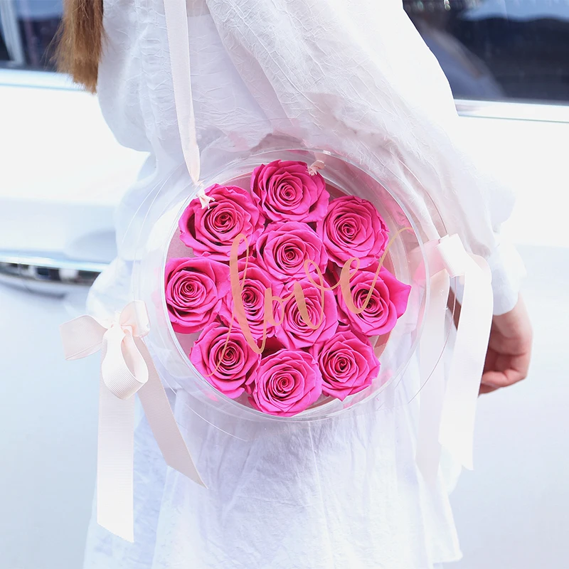 2020 Hot Sale Round Clear Acrylic Eternity  Real  Roses Flower Box  OEM/ODM Transparent Acrylic  Preserved Rose