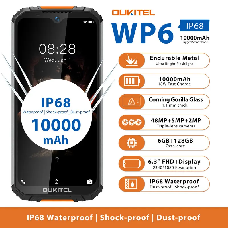 
OUKITEL WP6 6GB+128GB Unlocked Rugged Smartphone 4G Android 10000mah 6.3inch Waterproof with GPS AI Camera 