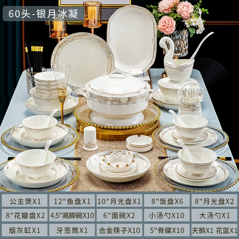 Flower Pattern High-End Tableware Bowl Plates Sets White Gold Ceramic Dinnerware Luxury Porcelain Dinner Sets