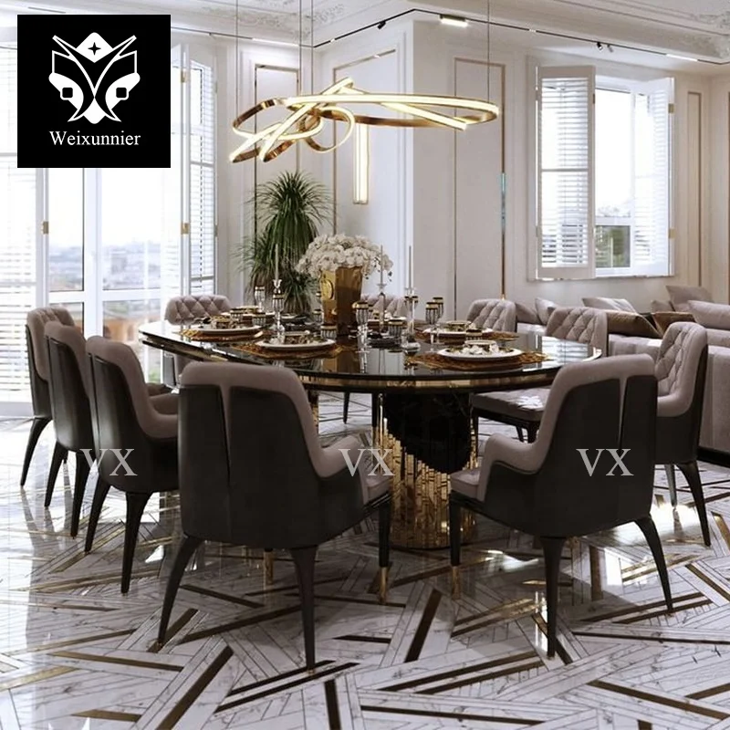 Luxury oval marble top dining tables with round marble stainless steel base dining table Italian dining table set 12 chairs