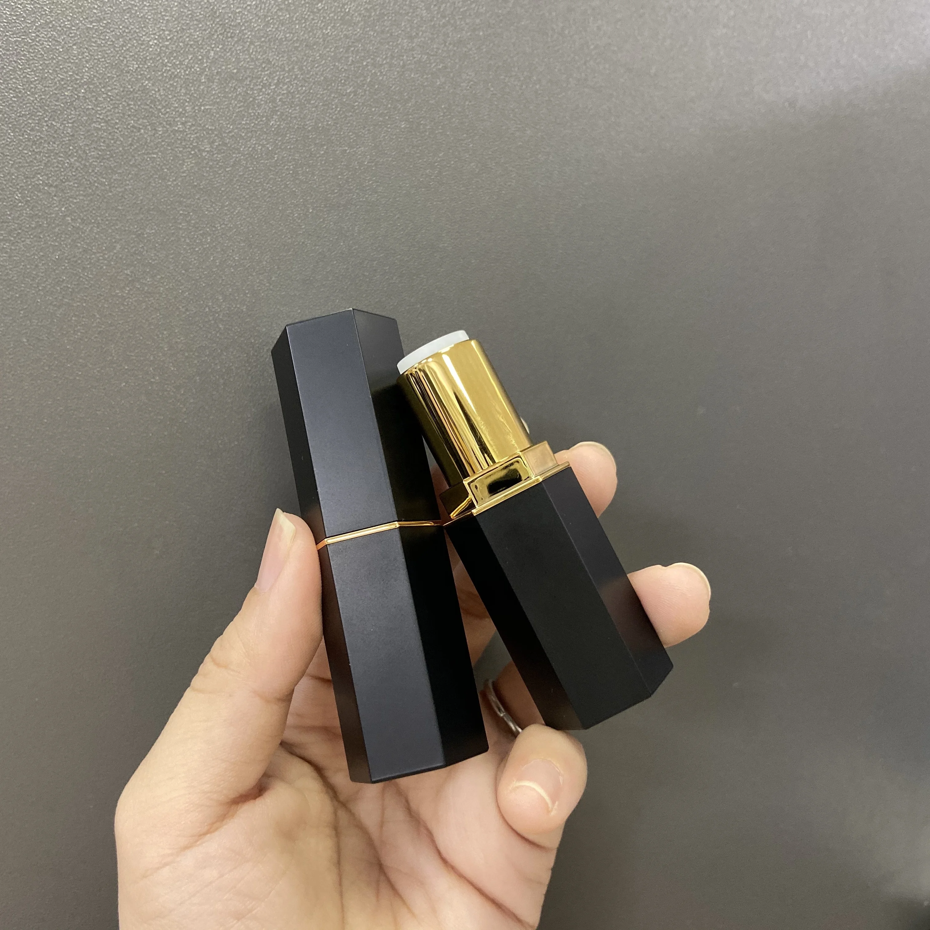  private label new design plastic hot sale hexagon shape makeup container no logo matte black lipstick case for