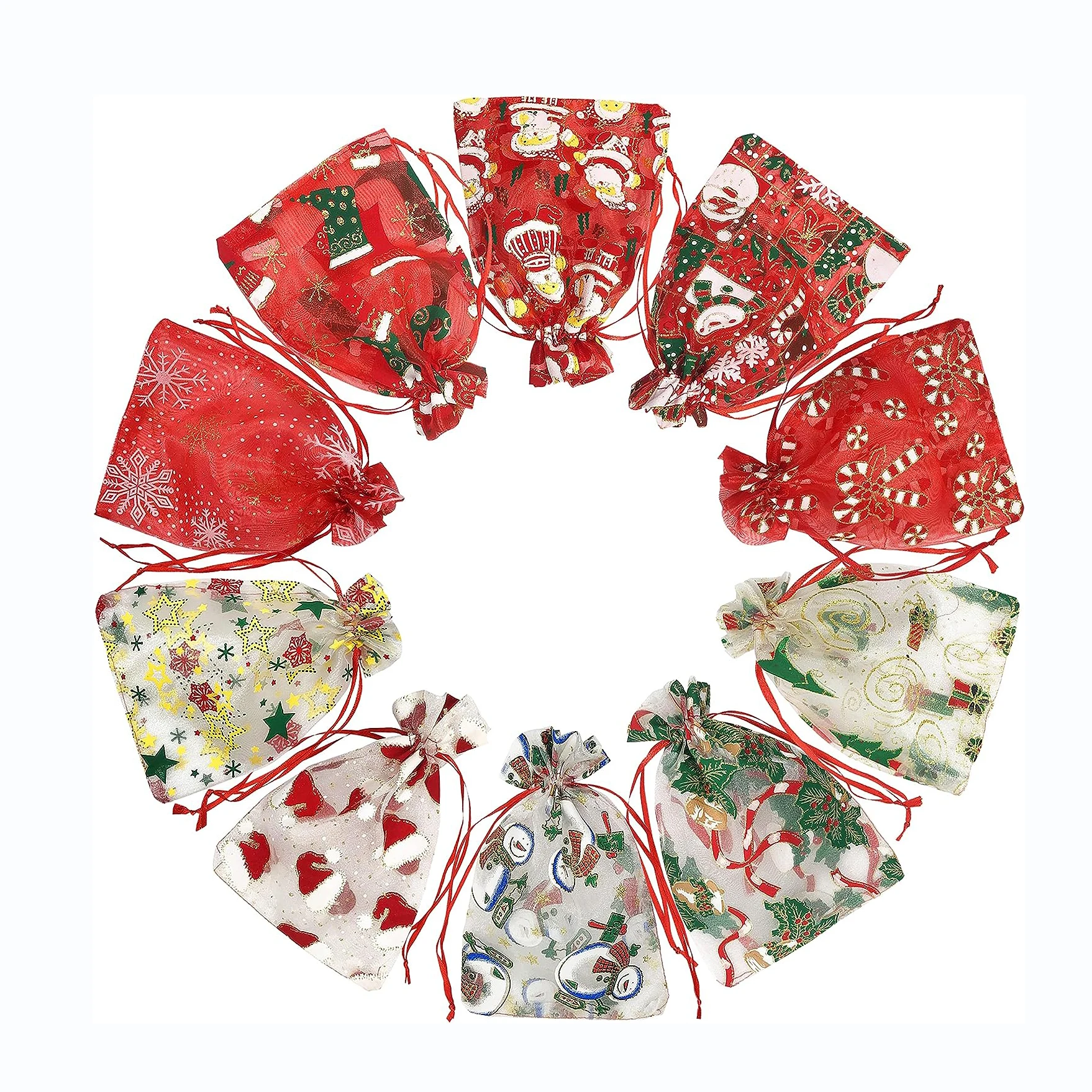 Custom 5X7 inches Chiffon Christmas Organza Drawstring pouch for Jewelry Candy Holiday Party Favor Bag Small Mesh Xmas Gift Bag