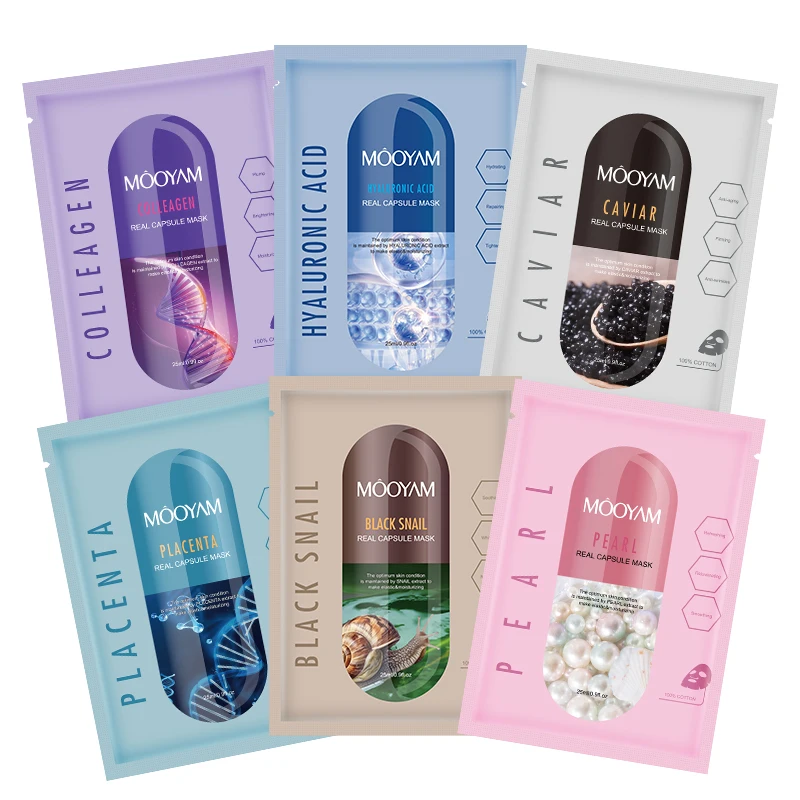 Private Label 6 Types Capsule Placenta Face Mask Sheet Skin Care Whitening Moisturizing Anti-aging MOOYAM 25ml Facial Mask