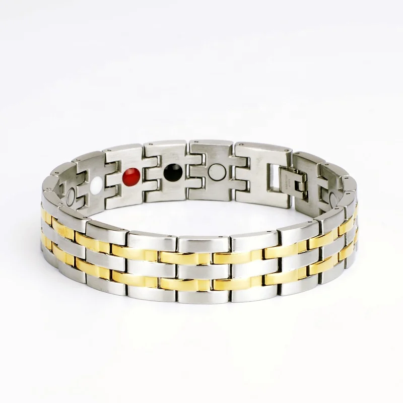 China factory wholesale gold color plated stainless steel and black ceramic 4 in 1 bio energy magnetic healthy bracelet