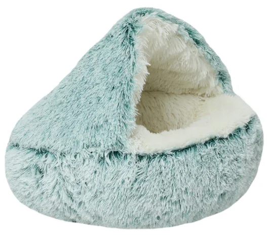 Pet Cat Bed Round Long Soft Plush Burrowing Cave Hooded Dog Cat Bed