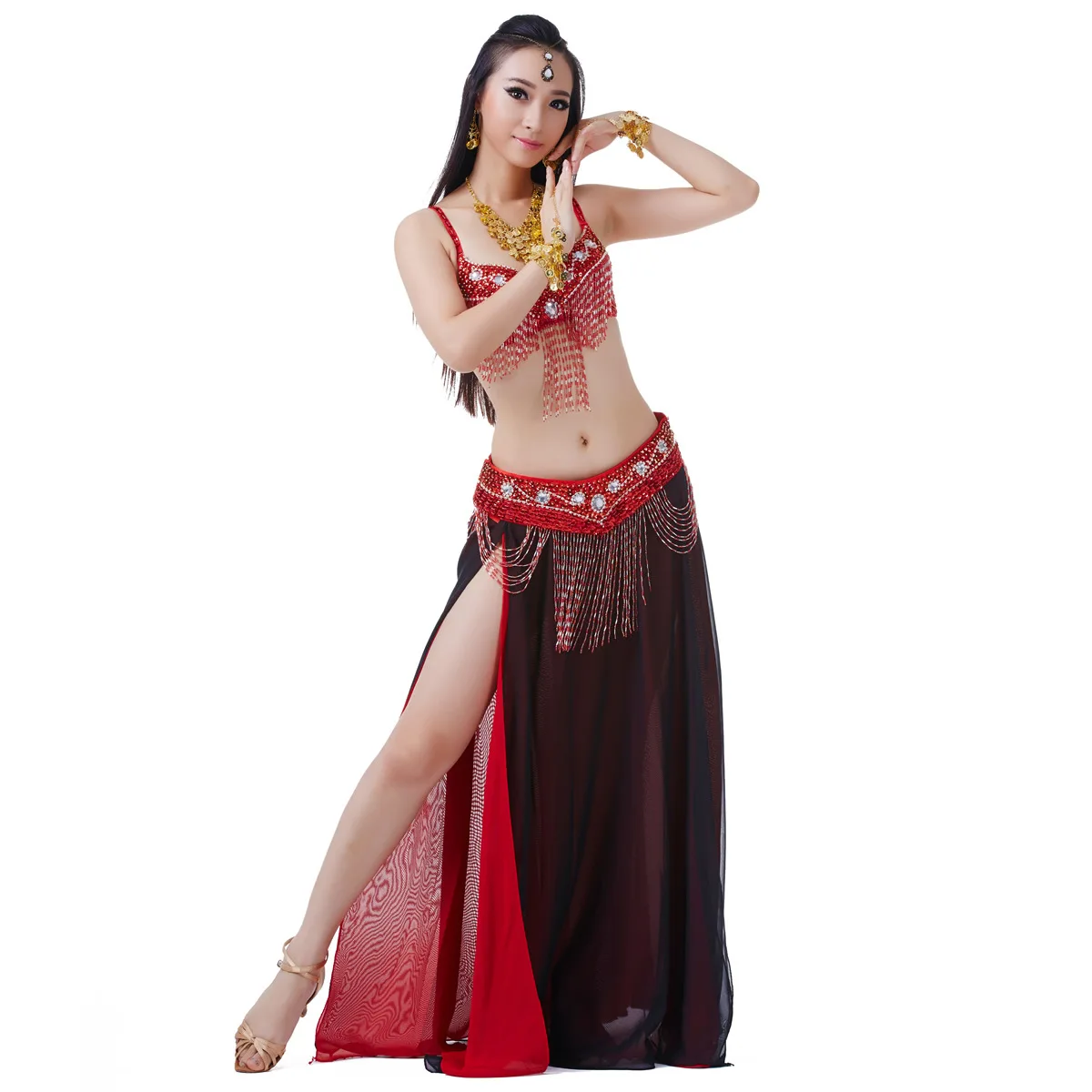 Hot Sale Hight Quality Women Girls Practice Costume Fringe Bra Chiffon Skirt Belly Dance Set