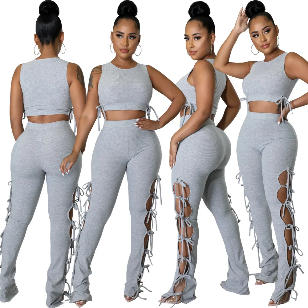 2022 New Trendy Custom Logo Crop Tops Two Piece Set Tank Tops Long Hollow Out Pant Women 2 Piece Summer Set