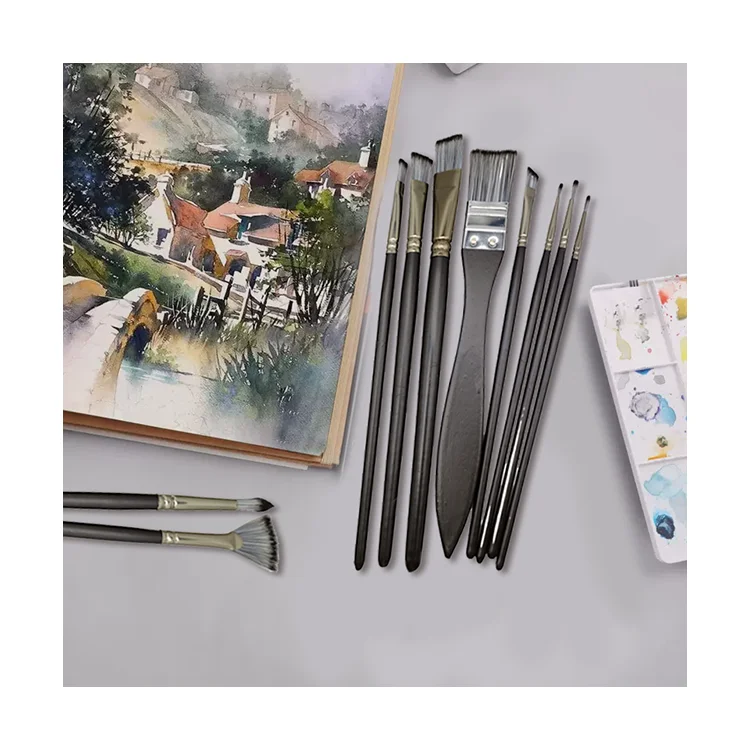 10pcs Black Nylon Hair Paint Brushes Set For Artist Watercolor Acrylic Gouache Painting Wholesale Price Art Materials