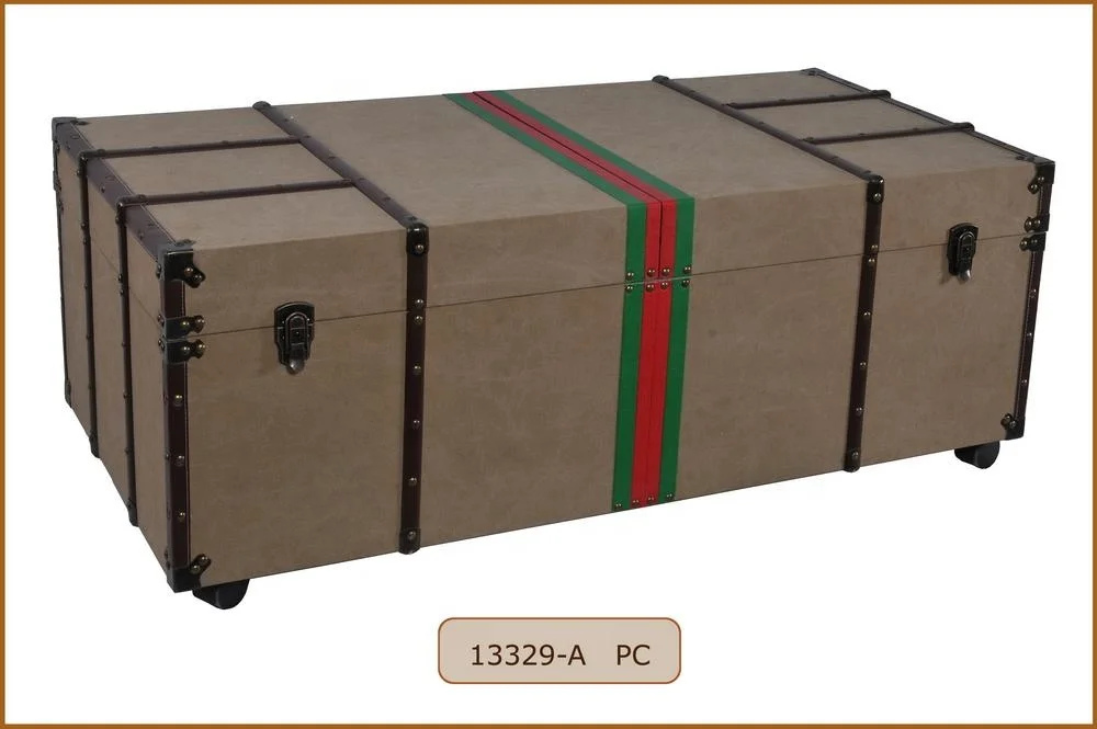 Decorative Canvas Covered Wooden Storage Trunk Style Coffee Table with Wheels