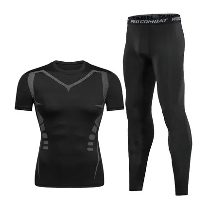 Customized LOGO men summer running wear sew two piece slim fit jogging wholesale fitness compression tights sweat suits