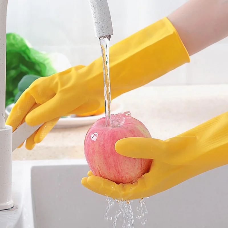 Custom Red Latex Household Glove Warm Flock Electrostatic Flock Liner Winter Cleaning Gloves Grip Roll  Cuff