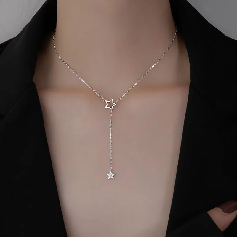 Flash Diamond Star Necklace Niche Hollow Design Sense Necklace Female Tassel Clavicle Chain Female Models Simple Temperament