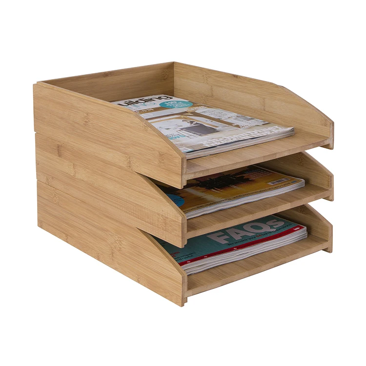 Eco-Friendly Stackable Tray Office Desktop 3 Tier File Organizer Document Tray Bamboo Stacking Letter Tray