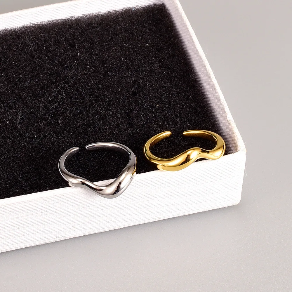 2 Pcs/set 316L Stainless Steel Bending Ring Stackable Silver Gold Plated Wave Adjustable Open Ring for Women