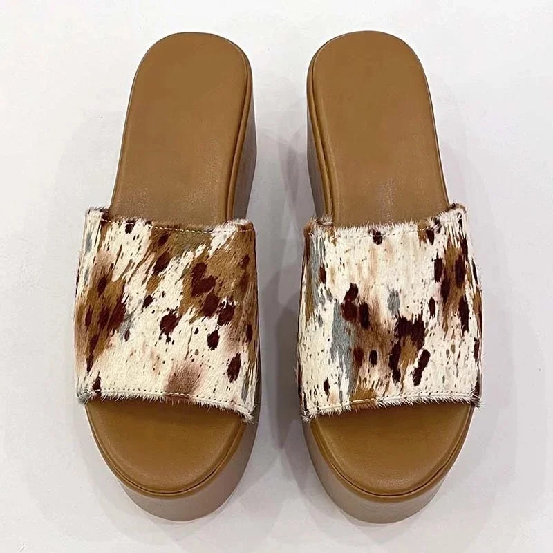 Thick platform zebra pattern horse hair women slides slippers leather sandals