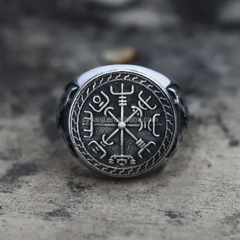 Nordic Man Stainless Vintage Steel Viking Ring Retro Jewelry Wholesale Silver Cross Religious Gemstone Rings
