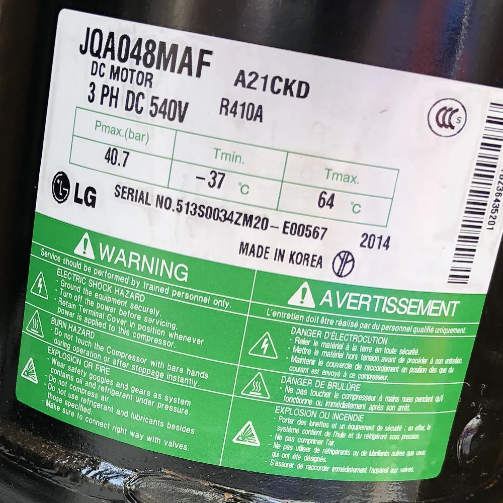 Scroll Compressor JQA048MAF Part Number TBZ36435201 3 Phase 540V R410A For LG VRF Mulit-V Outdoor Unit New And Original