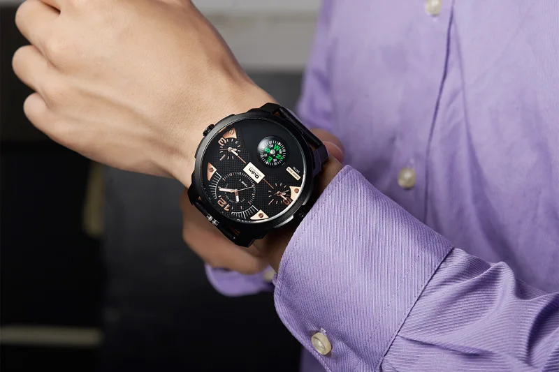 Oulm Fashion Big Dial Man Wrist Watch Men Military Dual Time Zone Casual Leather Watch Male Clock Relogio Masculino