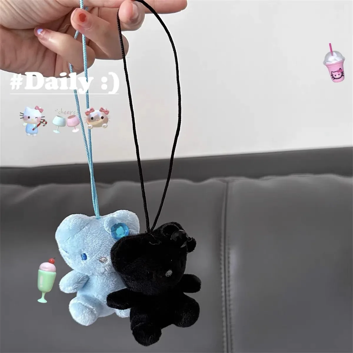 Vintage with diamond cat stuffed toys doll anime schoolbag pendant black and blue skin kt girls gifts mini plush keychain