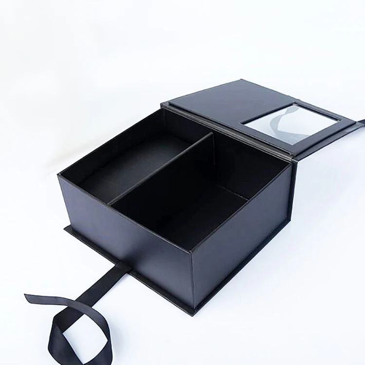 Hot Sale High Quality Custom Book Shaped Paper Packaging Box Black Gift Box with Ribbon and PVC Window