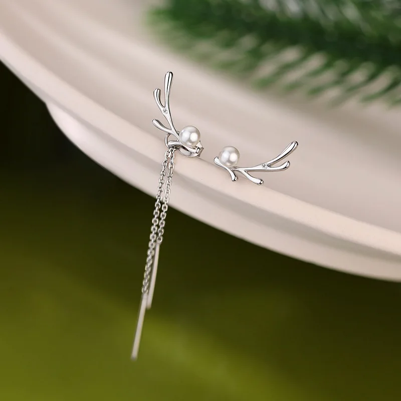 Women Christmas Crystal Elk Antlers Anti-Pearls Stud Earrings Animal Deer Earring For Girls Kid Christmas Jewelry Gifts