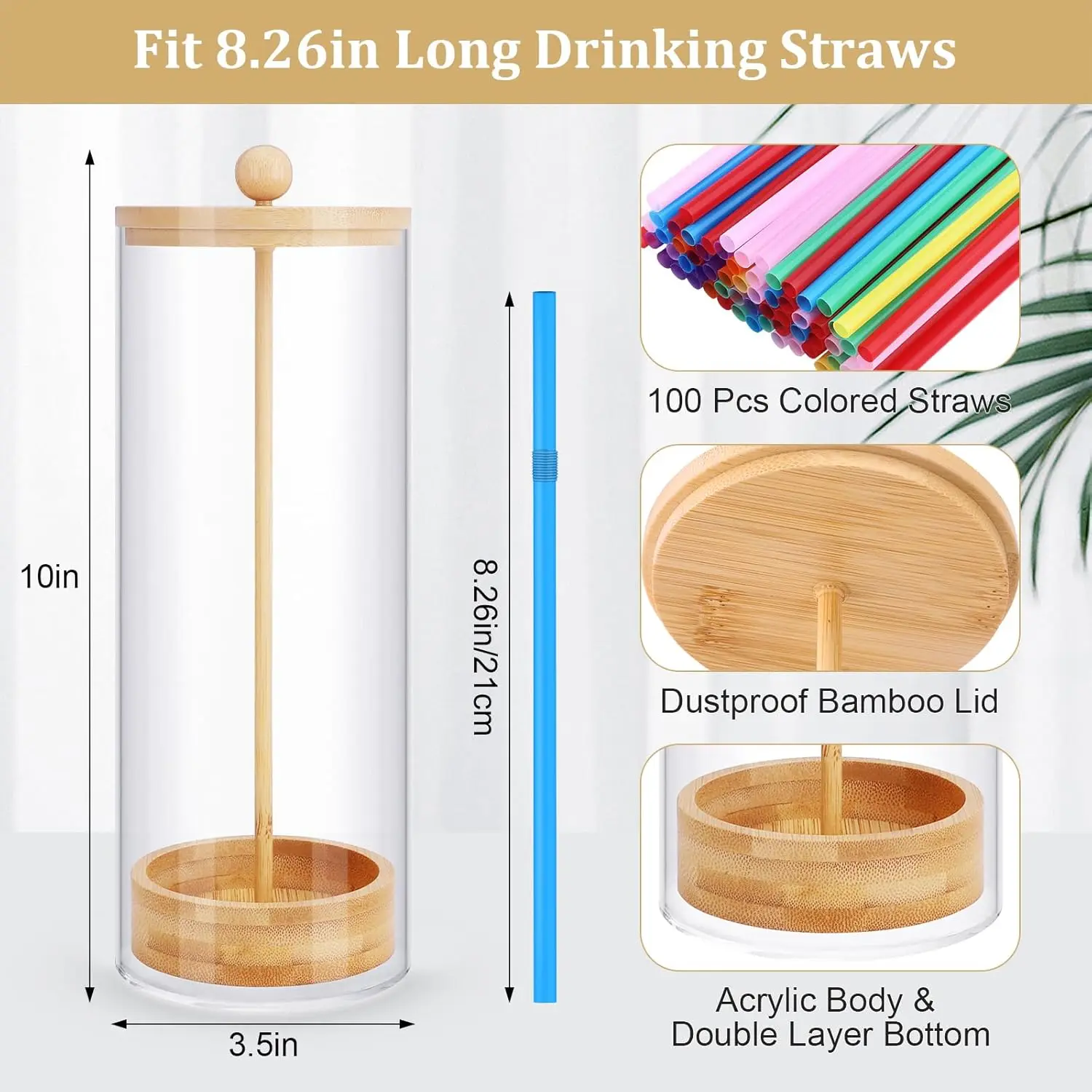 Acrylic Transparent Drinking Straw Holder Dispenser for Counter with Bamboo Lid for Standard Straws Organizer for Kitchen Party
