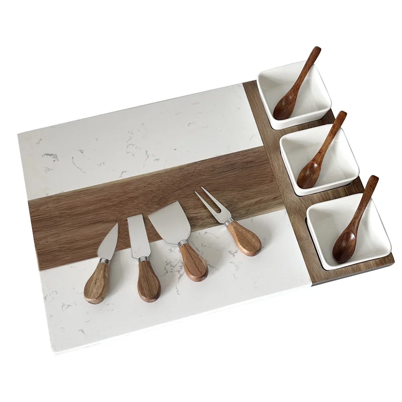 Acacia Wood and Marble Charcuterie Cheese Board Cutting Serving Board with Knife Fork Set and 3pcs Ceramic Bowl