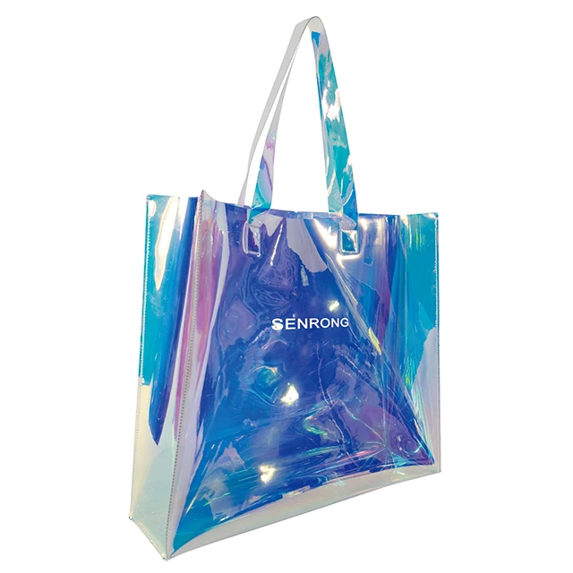2024 custom fashion pvc clear makeup cosmetic holographic tote bag