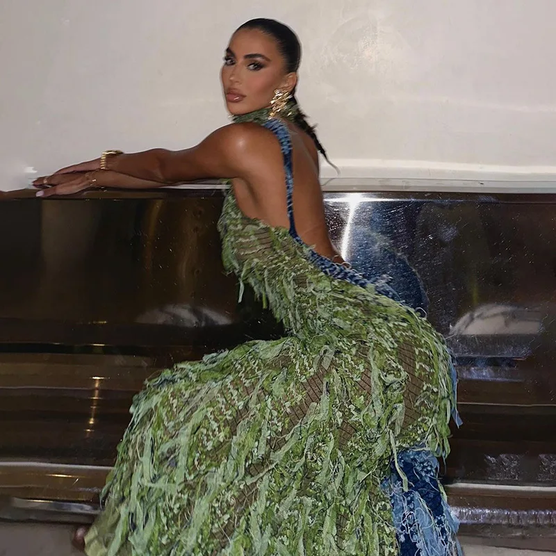 new sexy party dresses high neck sleeveless tassel maxi standard slimming long dress