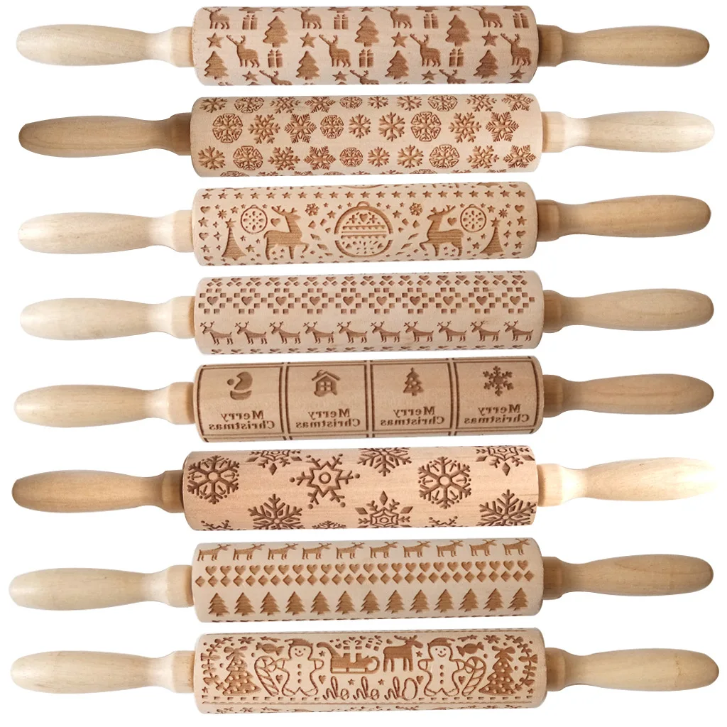 Factory Wholesale Kitchenware Laser Engraved Embossed Wooden Rolling Pin Animal Printed Rolling Pin For Christmas