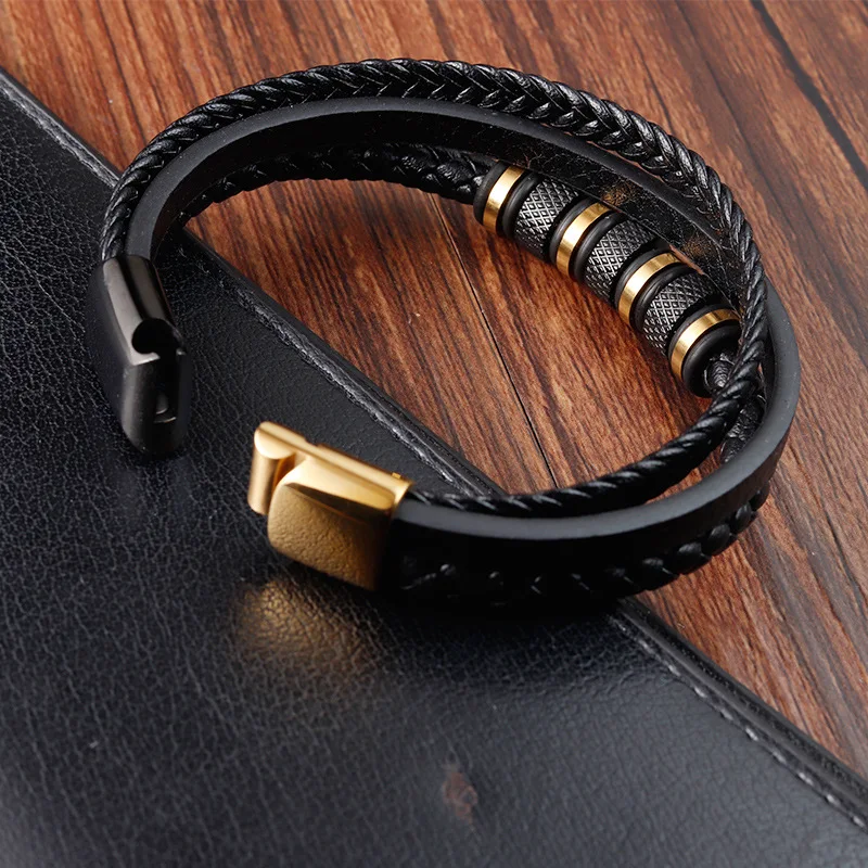 Лидер продаж браслет ручной работы из нержавеющей стали с покрытием черного золота многослойный Плетеный мужской кожаный ремешок магнитный для мужчин