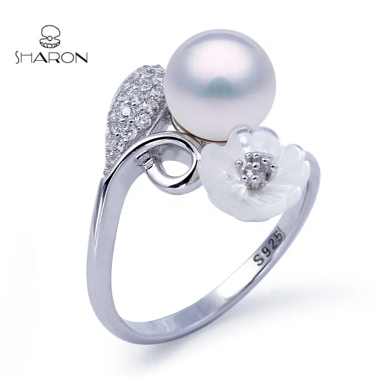 Manufacturer Wholesale Sharon Shell Flower Leaf 925 Sterling Silver Pearl Fashion Adjustable Ring For Women