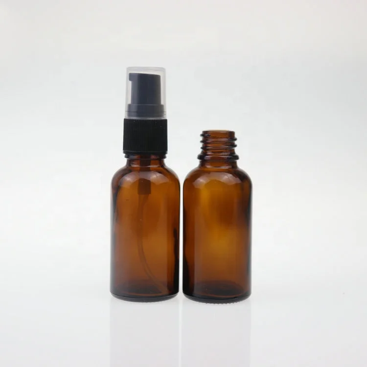 30ml Amber Glass Lotion Pump Serum Bottle Empty Brown Spray Essential Oil Bottle with Black Pump Cap for essential oil