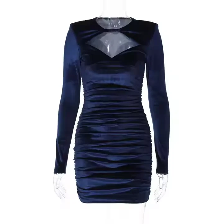 Manufacturer Custom Label Simple Noble Sexy Hot Women Tight Dress Pleated Low-Cut Hip Nightclub Style Long-Sleeved Velvet Dress