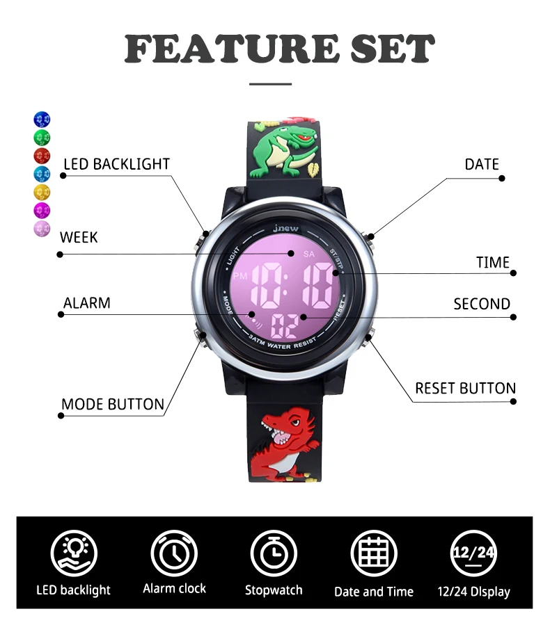 JNEW factory direct sales little dinosaur 3D cartoon digital watch 7 color LED children watch