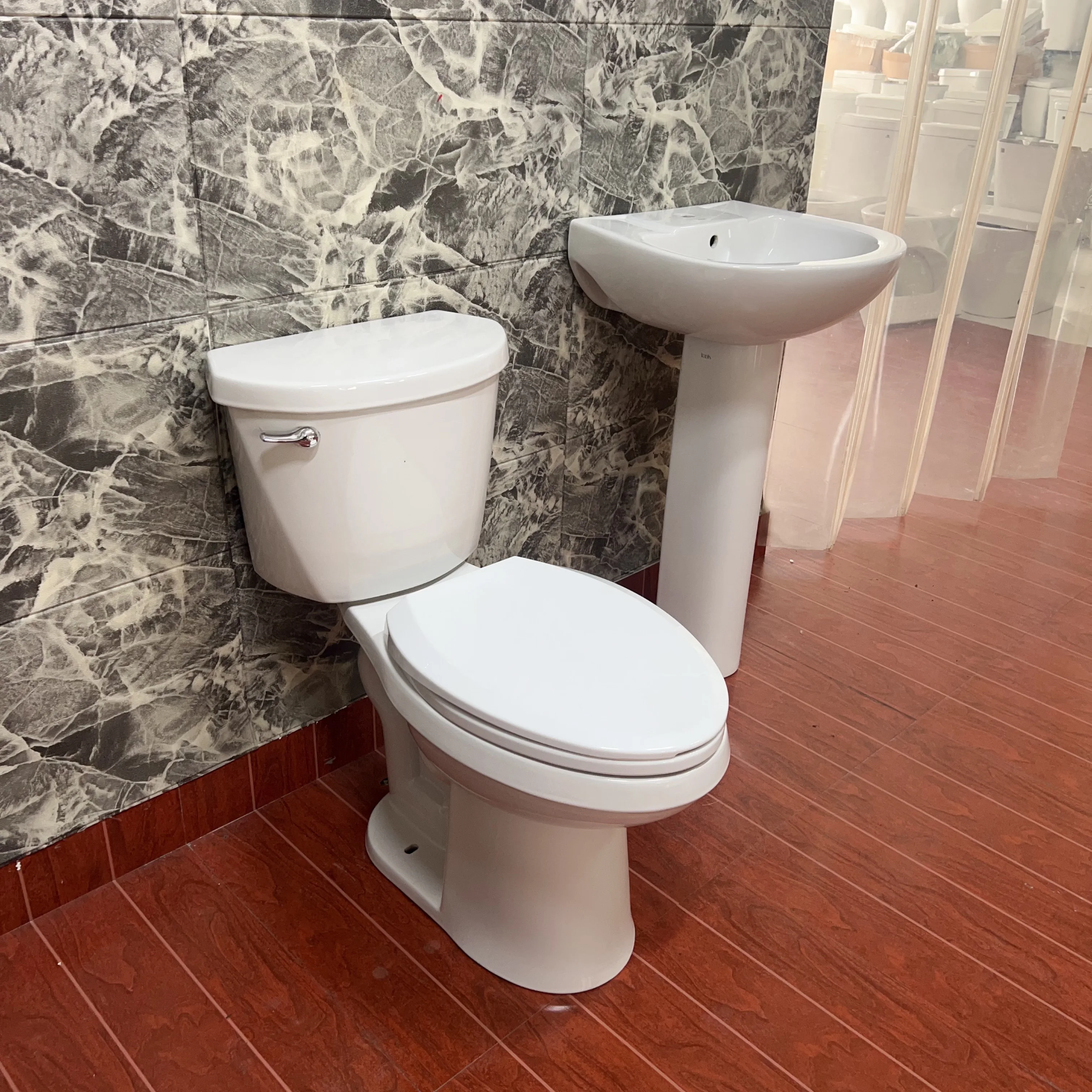 Wholesale economic cheap  sanitary ware wc bathroom ceramic pedestal basin sink and siphonic two piece toilet set