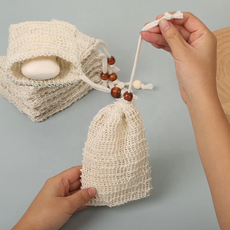 Wholesale Bathroom Sisal Soap Saver Bag Beige Color Rich Foam Exfoliation Soap Mesh Bag